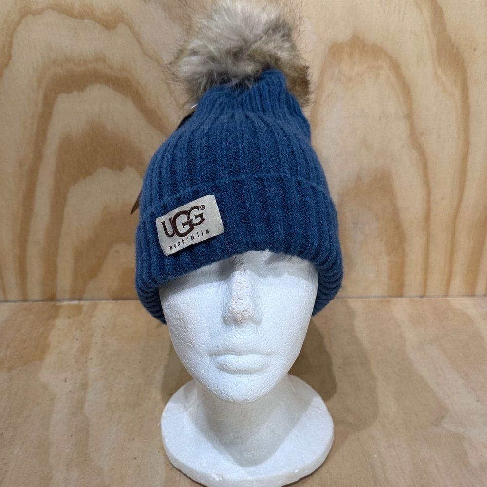 UGG Light Blue Knit Hat with Faux Fur Pom